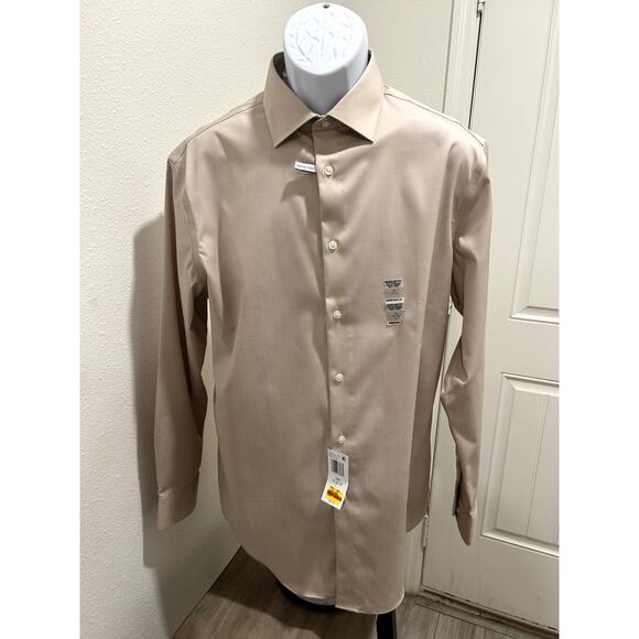 Calvin Klein Men Regular Fit Shirt Taupe Size Large Neck 16 Sleeve 32/33 Stretch - Picture 1 of 7